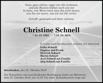 Traueranzeige von Christine Schnell von Fränkische Nachrichten