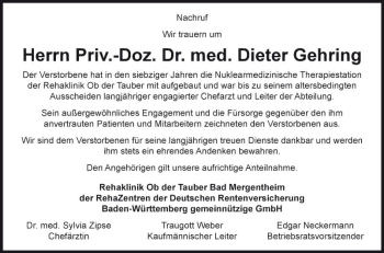 Traueranzeige von Dieter Gehring von Fränkische Nachrichten