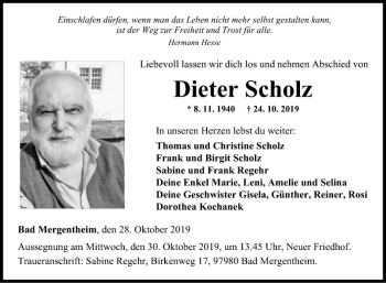 Traueranzeige von Dieter Scholz von Fränkische Nachrichten