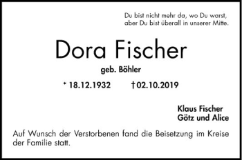 Traueranzeige von Dora Fischer von Mannheimer Morgen