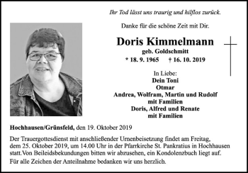 Traueranzeige von Doris Kimmelmann von Fränkische Nachrichten