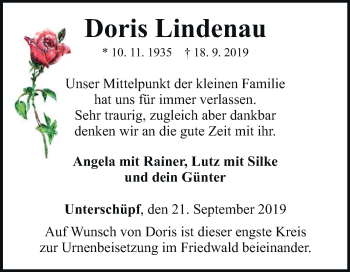 Traueranzeige von Doris Lindenau von Fränkische Nachrichten