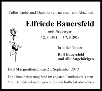 Traueranzeige von Elfriede Bauersfeld von Fränkische Nachrichten