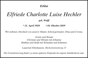 Traueranzeige von Elfriede Charlotte Luise Hechler von Bergsträßer Anzeiger