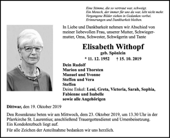 Traueranzeige von Elisabeth Withopf von Fränkische Nachrichten