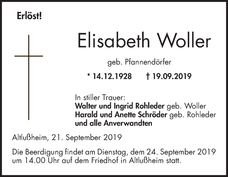 Traueranzeige für Elisabeth Wohler vom 21.09.2019 aus Schwetzinger Zeitung