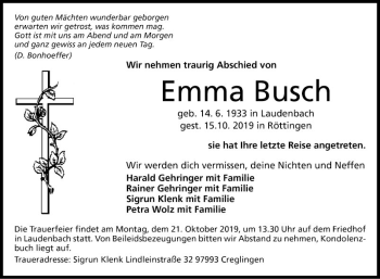 Traueranzeige von Emma Busch von Fränkische Nachrichten