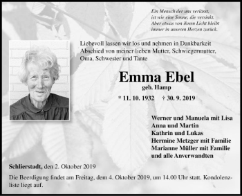 Traueranzeige von Emma Ebel von Fränkische Nachrichten