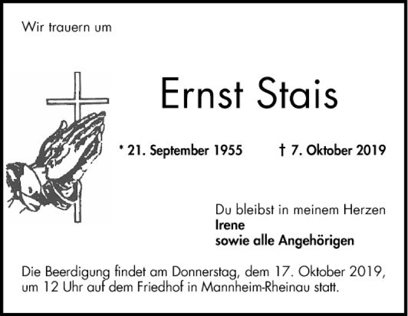  Traueranzeige für Ernst Stais vom 12.10.2019 aus Mannheimer Morgen