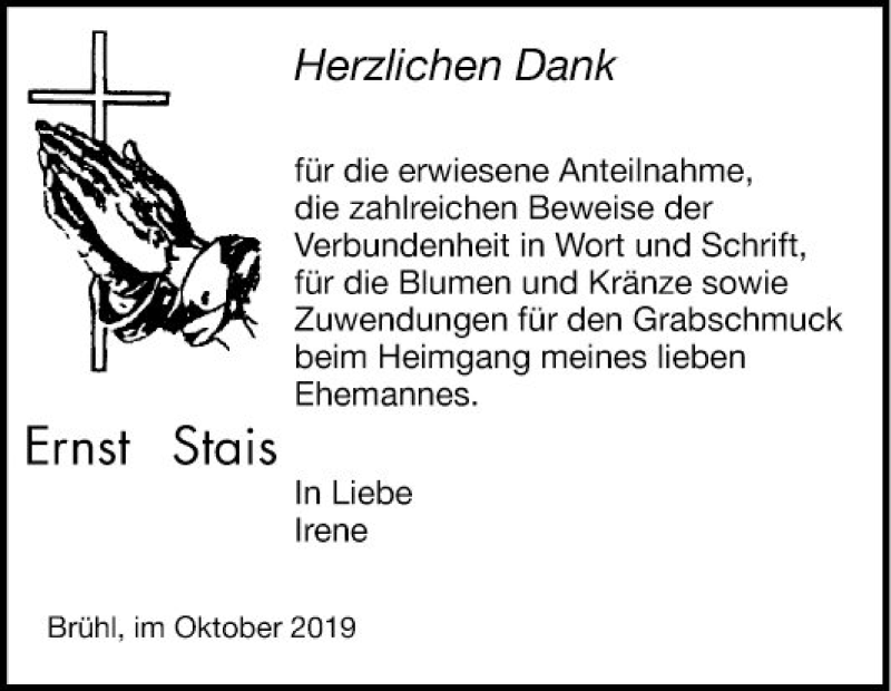  Traueranzeige für Ernst Stais vom 26.10.2019 aus Mannheimer Morgen