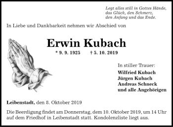 Traueranzeige von Erwin Kubach von Fränkische Nachrichten