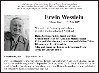 Traueranzeige von Erwin Wesslein von Fränkische Nachrichten