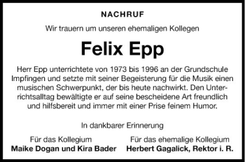 Traueranzeige von Felix Epp von Fränkische Nachrichten