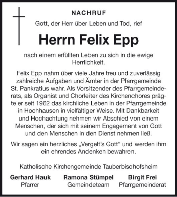 Traueranzeige von Felix Epp von Fränkische Nachrichten