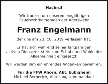 Traueranzeige von Franz Engelmann von Fränkische Nachrichten