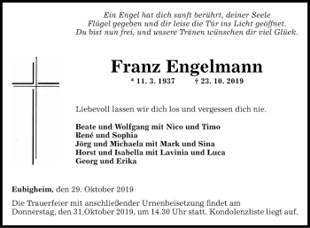 Traueranzeige von Franz Engelmann von Fränkische Nachrichten