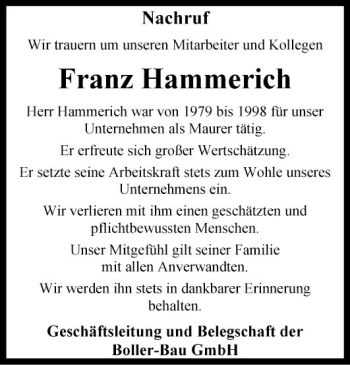 Traueranzeige von Franz Hammerich von Fränkische Nachrichten