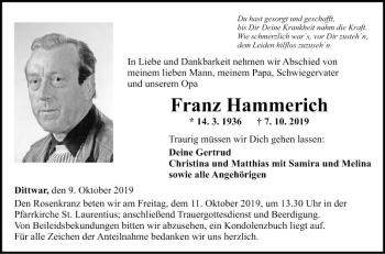 Traueranzeige von Franz Hammerich von Fränkische Nachrichten