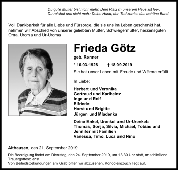 Traueranzeige von Frieda Götz von Fränkische Nachrichten