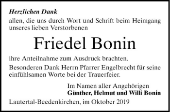 Traueranzeige von Friedel Bonin von Bergsträßer Anzeiger