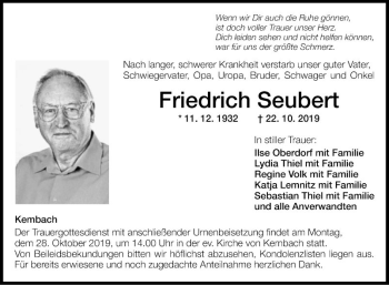 Traueranzeige von Friedrich Seubert von Fränkische Nachrichten