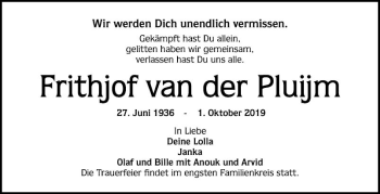 Traueranzeige von Frithjof van der Pluijm von Mannheimer Morgen