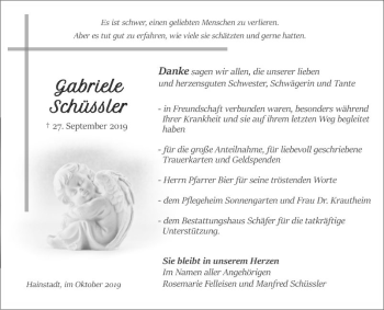 Traueranzeige von Gabriele Schüssler von Fränkische Nachrichten