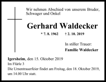 Traueranzeige von Gerhard Waldecker von Fränkische Nachrichten