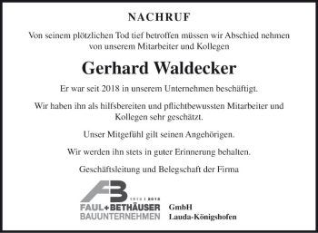 Traueranzeige von Gerhard Waldecker von Fränkische Nachrichten