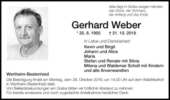 Traueranzeige von Gerhard Weber von Fränkische Nachrichten