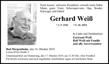 Traueranzeige von Gerhard Weiß von Fränkische Nachrichten