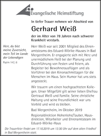 Traueranzeige von Gerhard Weiß von Fränkische Nachrichten