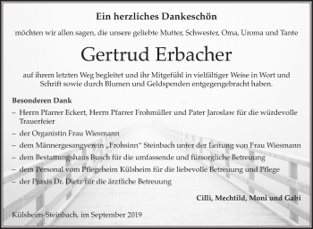 Traueranzeige von Gertrud Erbacher von Fränkische Nachrichten