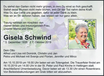 Traueranzeige von Gisela Schwind von Fränkische Nachrichten