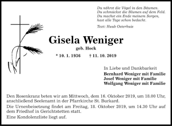 Traueranzeige von Gisela Weniger von Fränkische Nachrichten