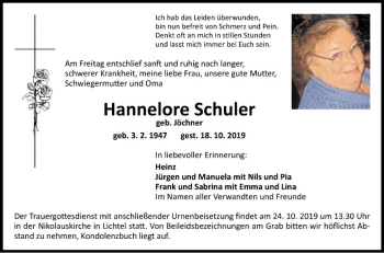 Traueranzeige von Hannelore Schuler von Fränkische Nachrichten