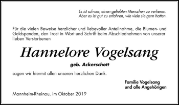 Traueranzeige von Hannelore Vogelsang von Mannheimer Morgen