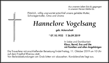 Traueranzeige von Hannelore Vogelsang von Mannheimer Morgen