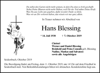 Traueranzeige von Hans Blessing von Bergsträßer Anzeiger