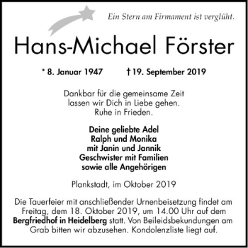 Traueranzeige von Hans-Michael Förster von Schwetzinger Zeitung