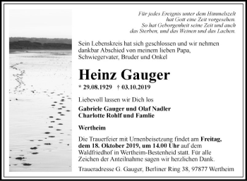 Traueranzeige von Heinz Gauger von Fränkische Nachrichten