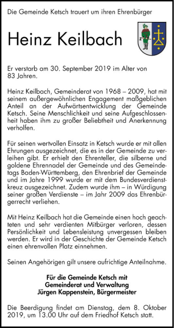 Traueranzeige von Heinz Keilbach von Schwetzinger Zeitung