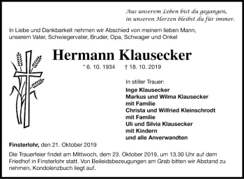 Traueranzeige von Hermann Klausecker von Fränkische Nachrichten