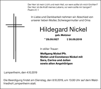Traueranzeige von Hildegard Nickel von Südhessen Morgen
