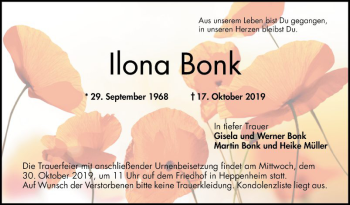 Traueranzeige von Ilona Bonk von Bergsträßer Anzeiger