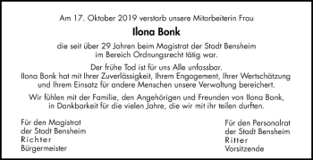 Traueranzeige von Ilona Bonk von Bergsträßer Anzeiger