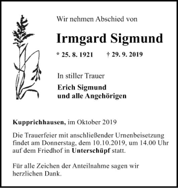 Traueranzeige von Irmgard Sigmund von Fränkische Nachrichten