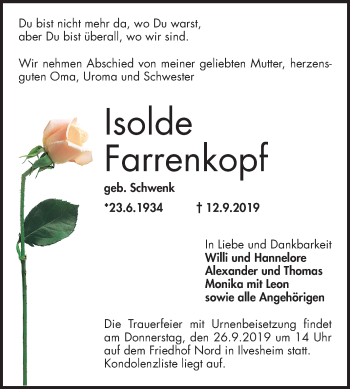 Traueranzeige von Isolde Farrenbach von Mannheimer Morgen