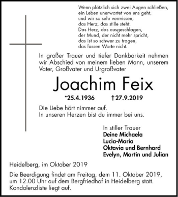 Traueranzeige von Joachim Feix von Mannheimer Morgen