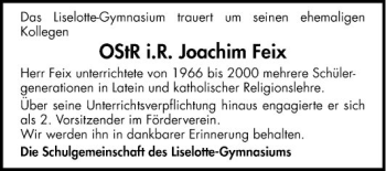 Traueranzeige von Joachim Feix von Mannheimer Morgen